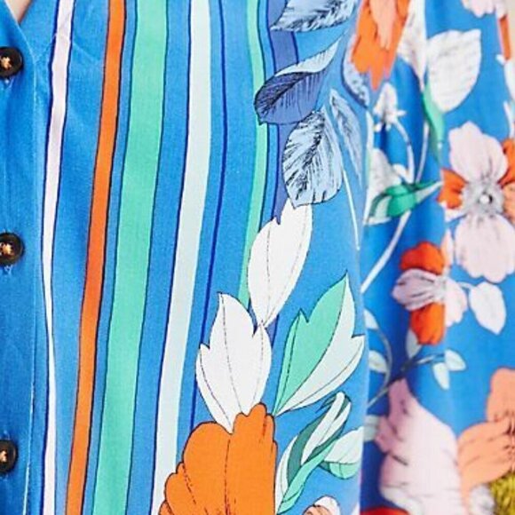 Anthropologie Top Womens 12 Blue V-Neck Tie Front Long Sleeve Floral Blouse - Picture 5 of 6